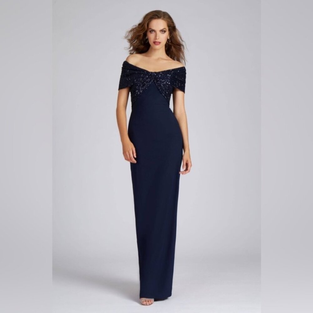 Teri Jon by Rickie Freeman Embellished Crepe Column Gown Navy - 14